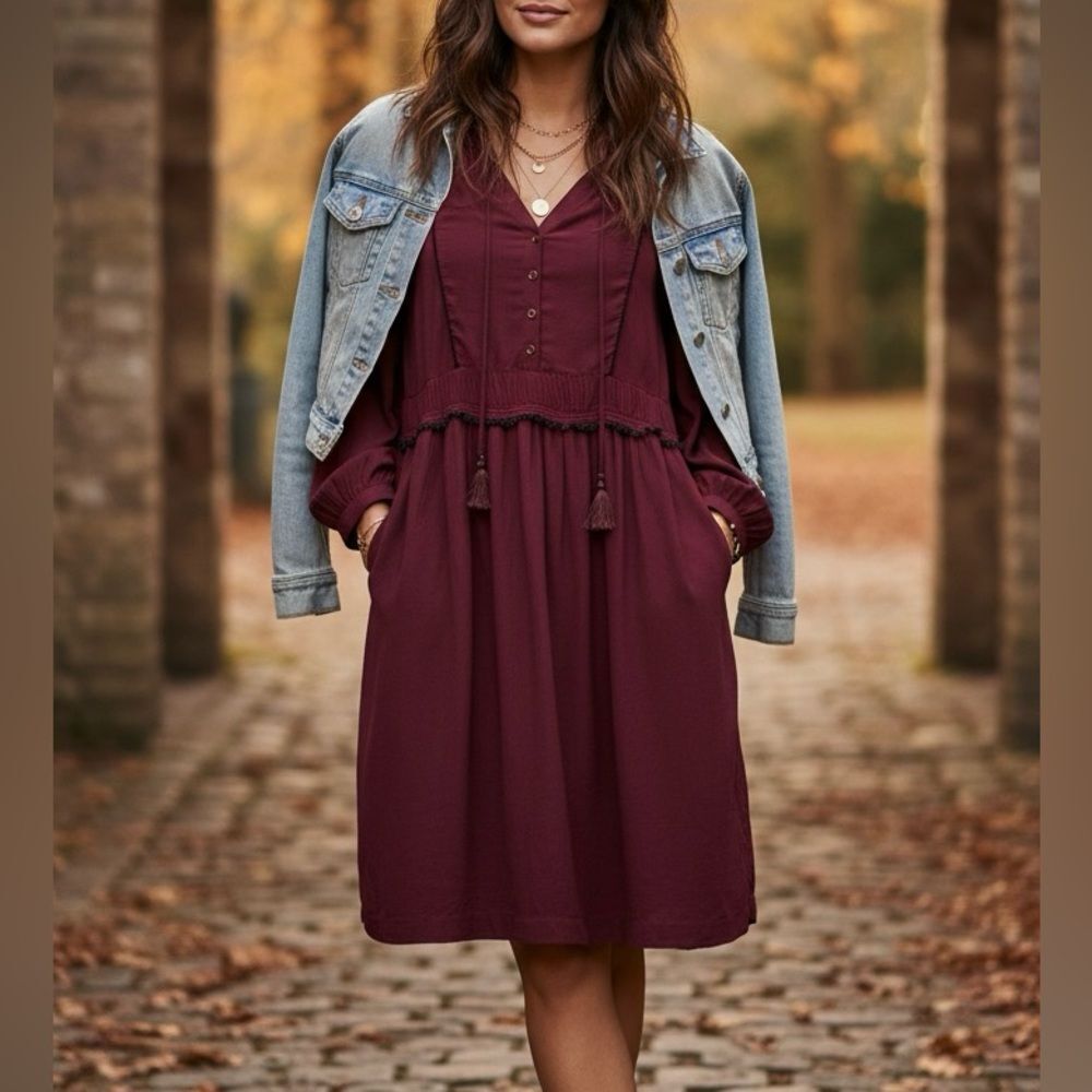 Burgundy Balloon Sleeve Smocked Waist Tassel Peasant Dress Maeve Size S Small